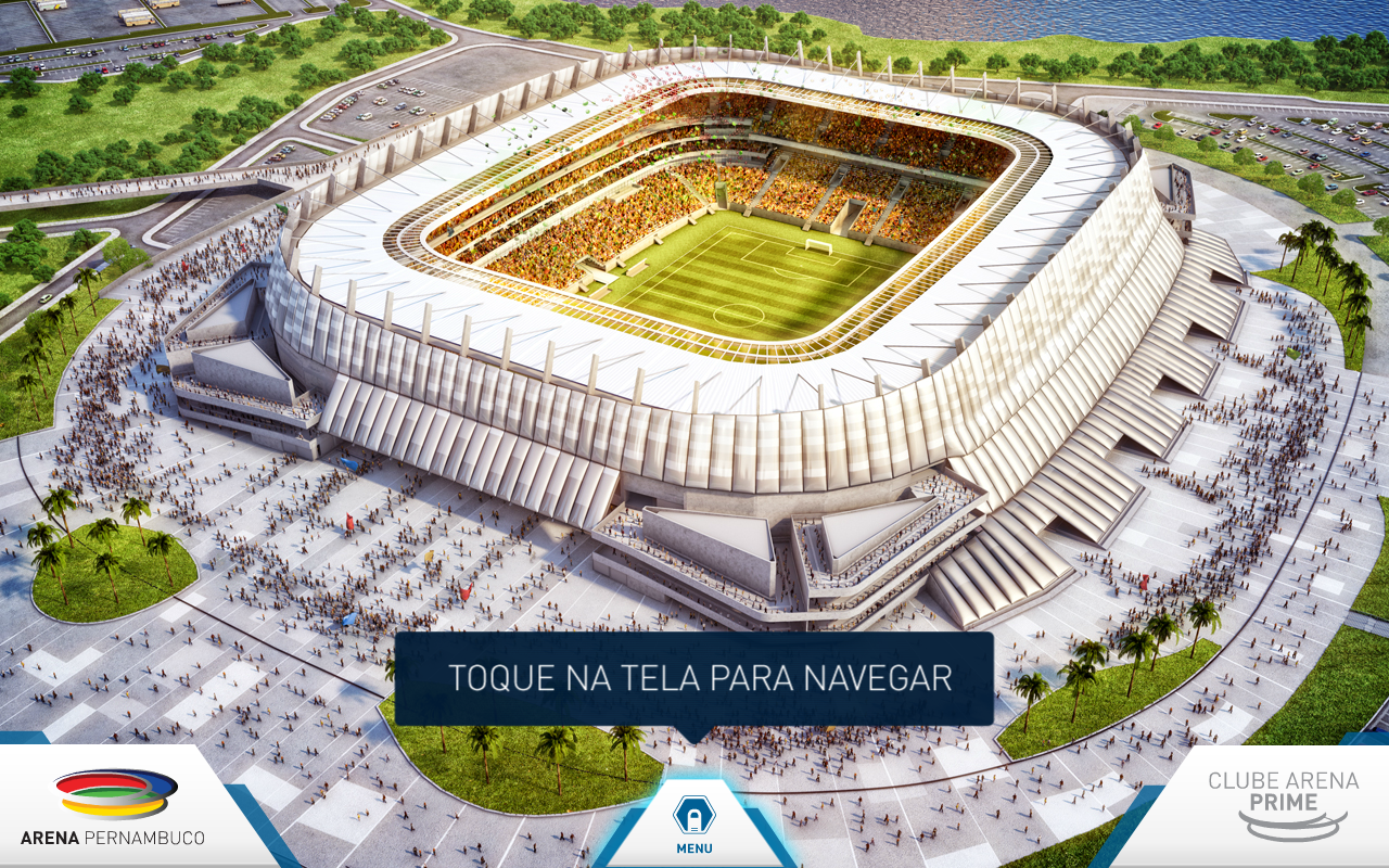 Arena Pernambuco touchscreen kiosk app — aerial 3D render of the FIFA World Cup 2014 stadium with the app splash screen