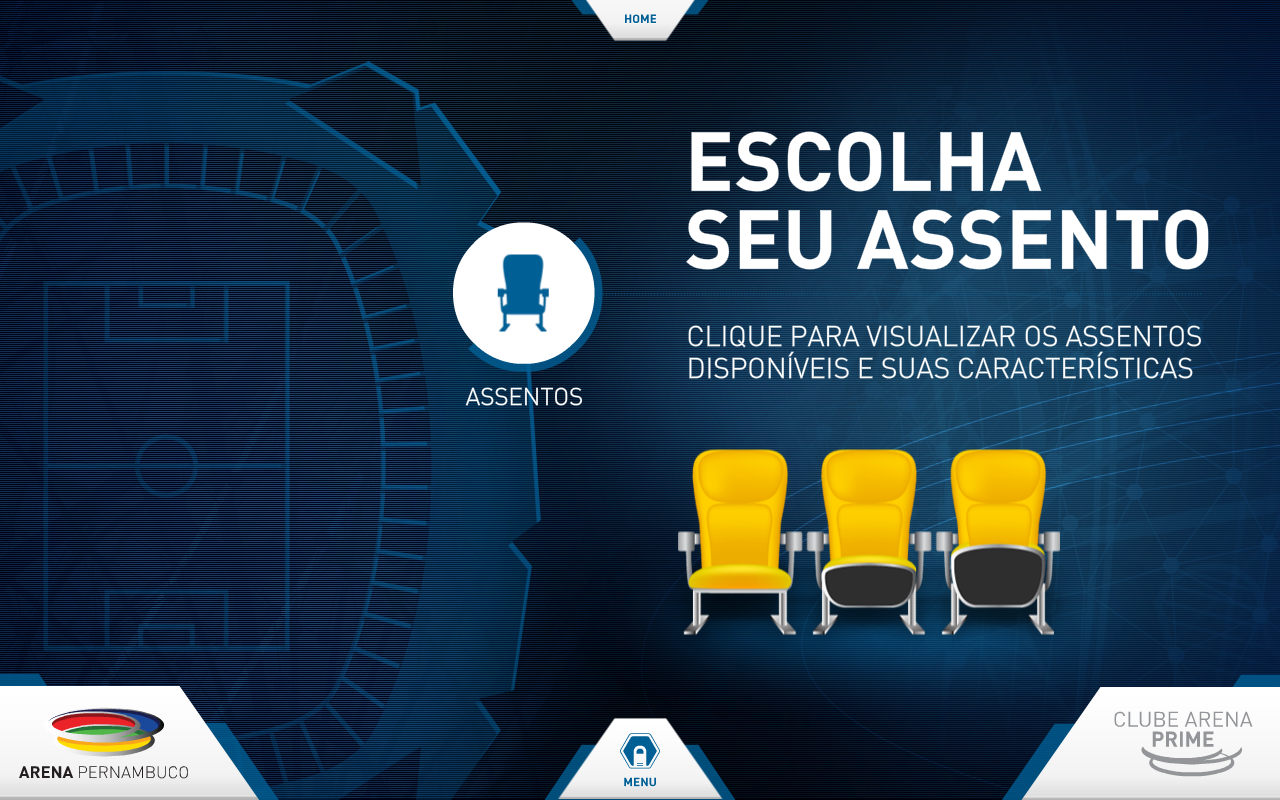 Escolha Seu Assento — seat selection screen with stadium plan and instruction to tap a seat to preview its view and characteristics