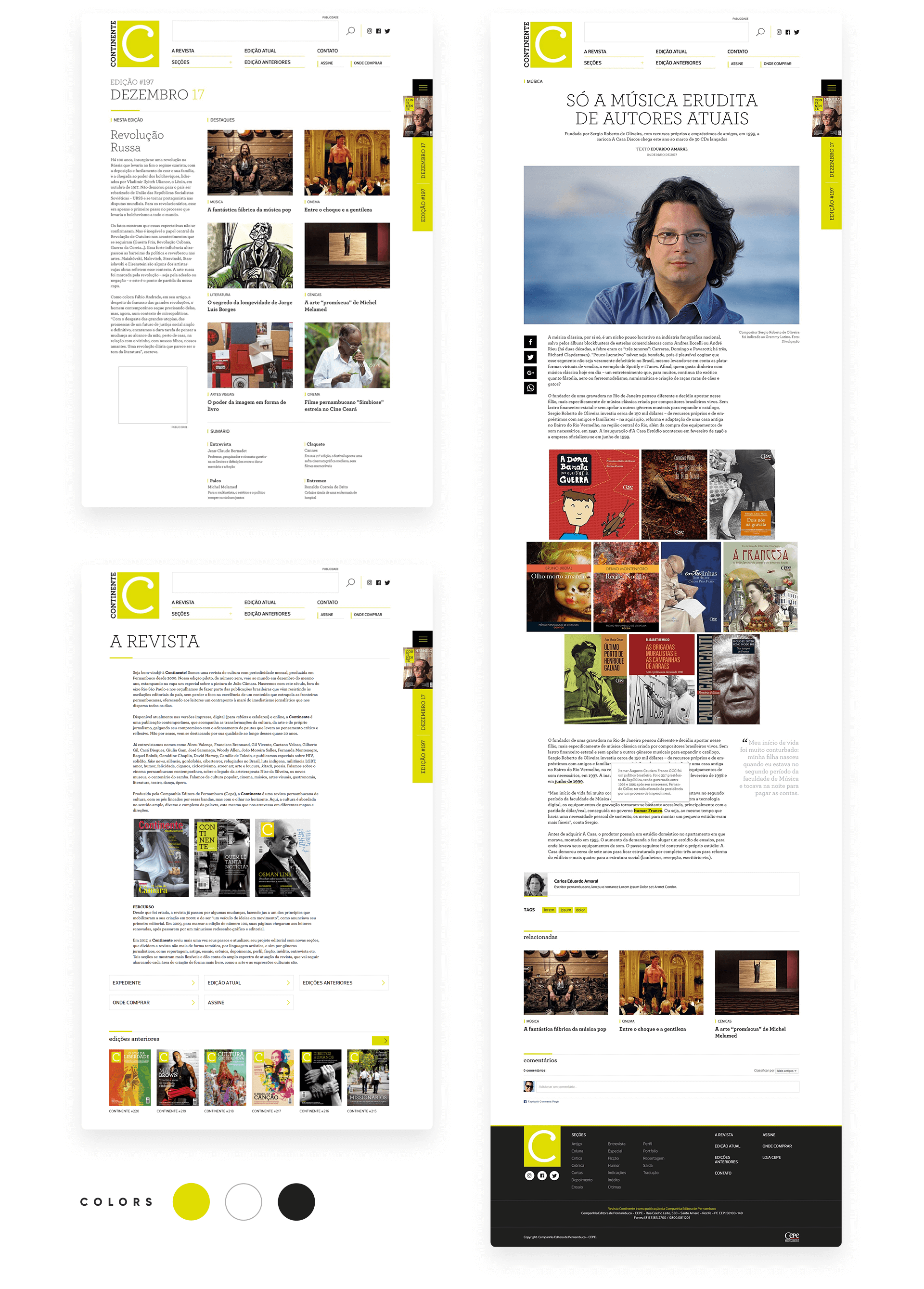 Interior pages — top left: December edition article listing with editorial photography grid; bottom left: The Magazine (A Revista) page with editorial copy and past cover gallery; right: full article page 'So a Musica Erudita de Autores Atuais' with author portrait photography and a book cover grid. Color palette swatches: lime yellow, white, black.