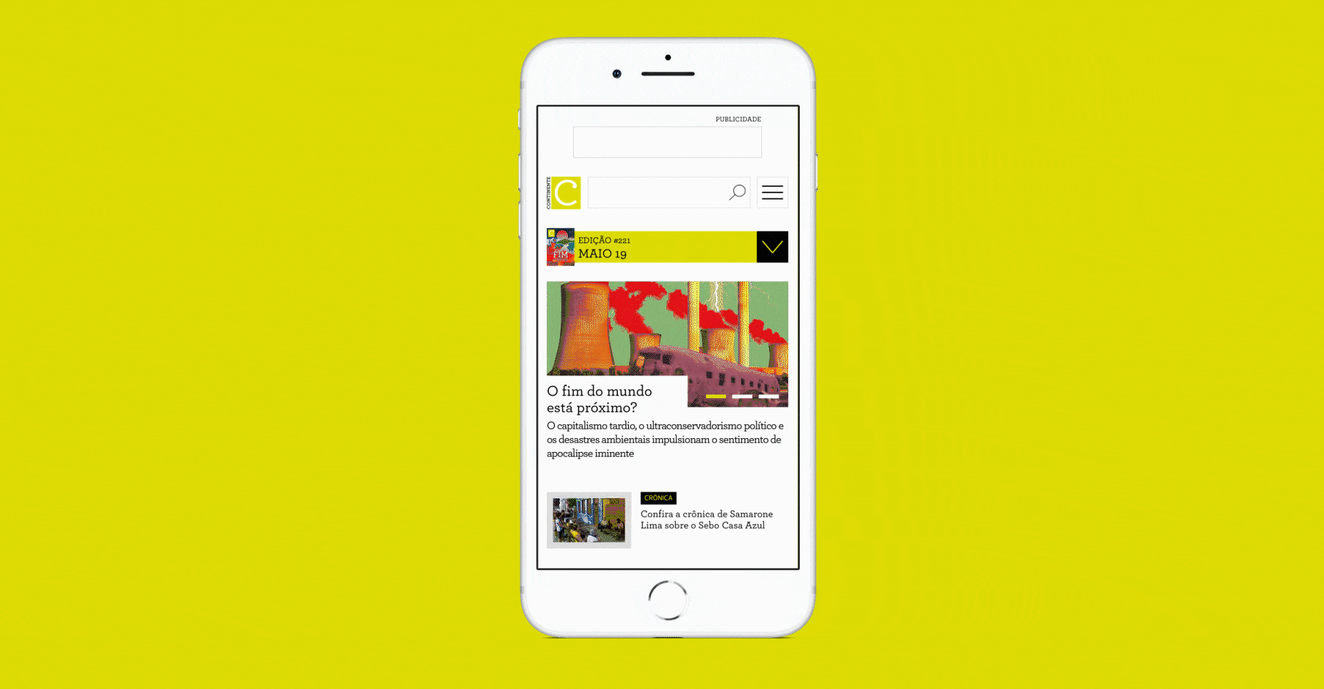 Animated responsive demonstration — mobile navigation and page transition animations for the Continente website across different screen sizes.
