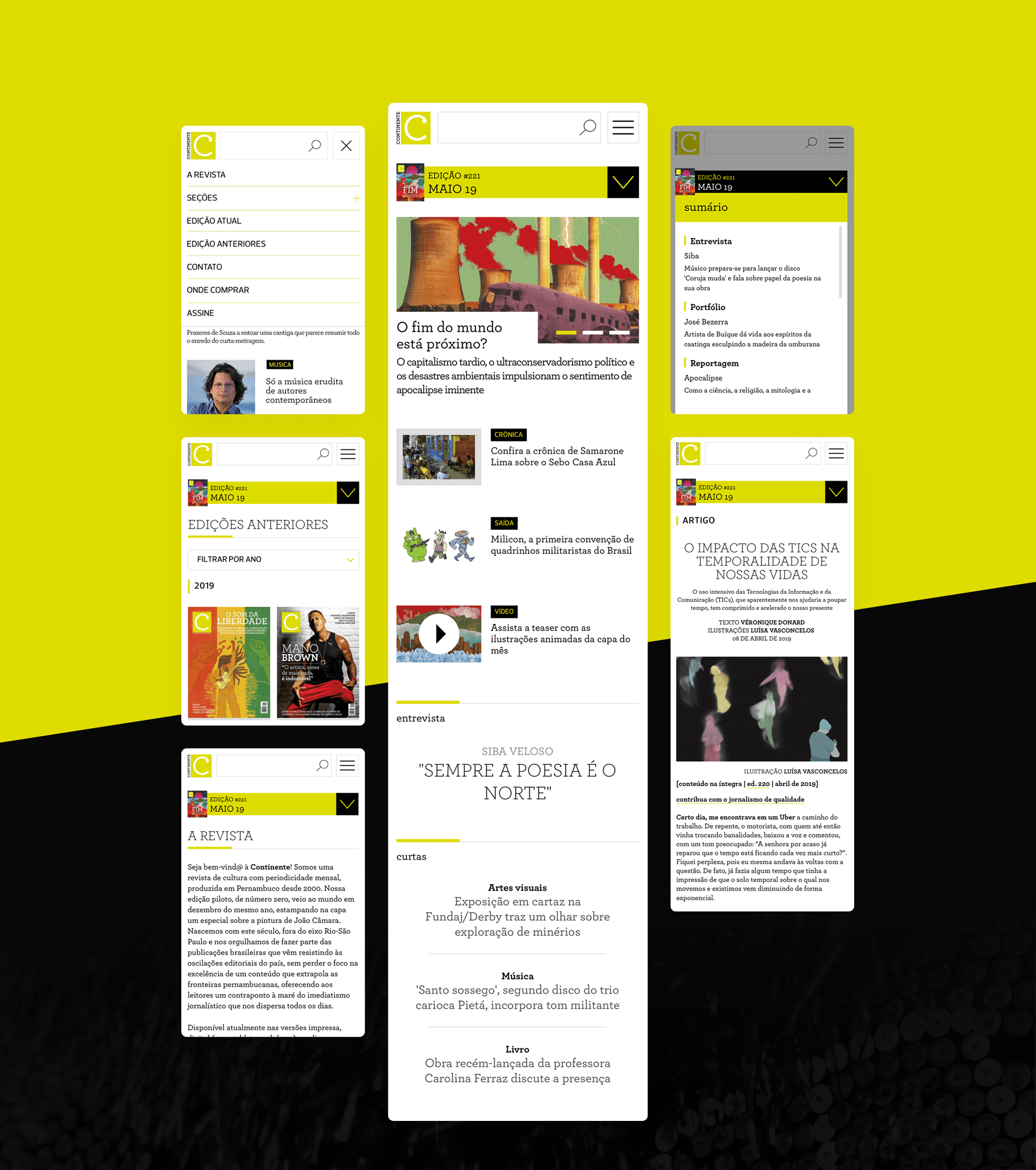 Responsive Design — five mobile screens showing: open side navigation (The Magazine, Sections, Current Edition, Past Editions, Contact, Where to Buy, Subscribe) with a featured article preview; May edition homepage with featured article 'Is the end of the world approaching?', article grid, and Gira Veloso pull quote 'Sempre a Poesia e o Norte'; Past Editions archive with 2018 covers; The Magazine editorial page; edition contents page (Interview, Portfolio, Reporting, Article); and full article page 'O Impacto das TICs na Temporalidade de Nossas Vidas' with body text and photography.