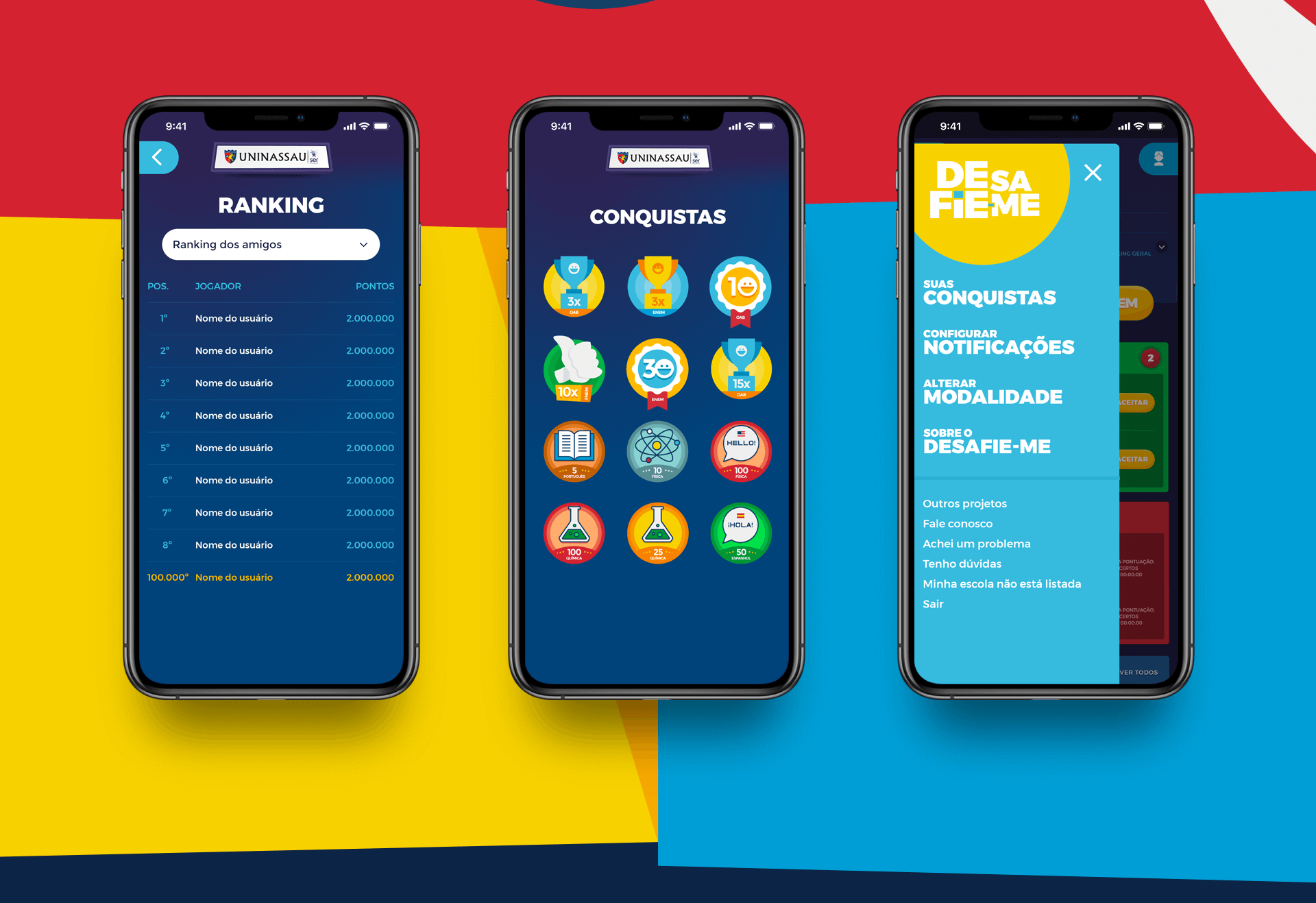 Three app screens: left — Ranking leaderboard showing friends' scores; center — Achievements screen with trophy and badge icons for completed milestones; right — App side menu with navigation options including Achievements, Notifications, Change Mode, and Desafie-me settings.