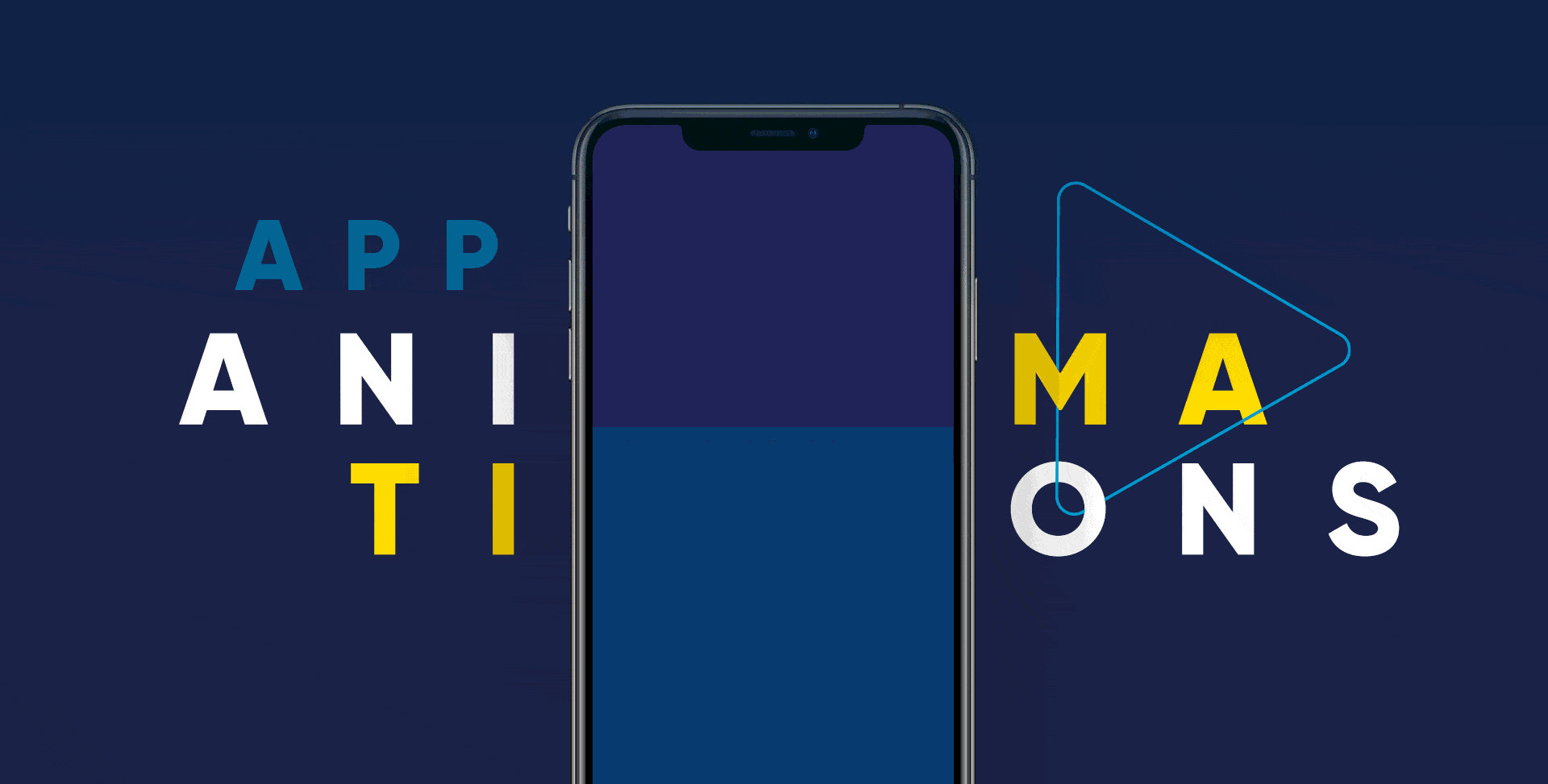 App Animations section intro — APP ANIMATIONS bold typography split across both sides of a centered phone mockup on a dark navy background.