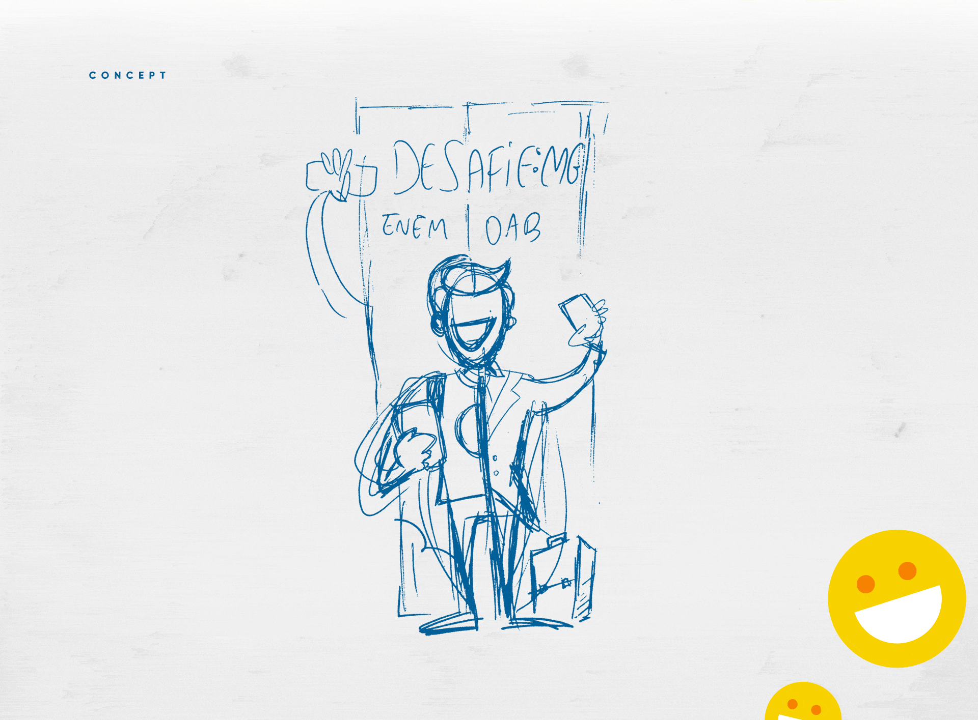 Concept — hand-drawn sketch of a student character holding a phone in front of the Desafie-me app screen showing ENEM and OAB game mode options.