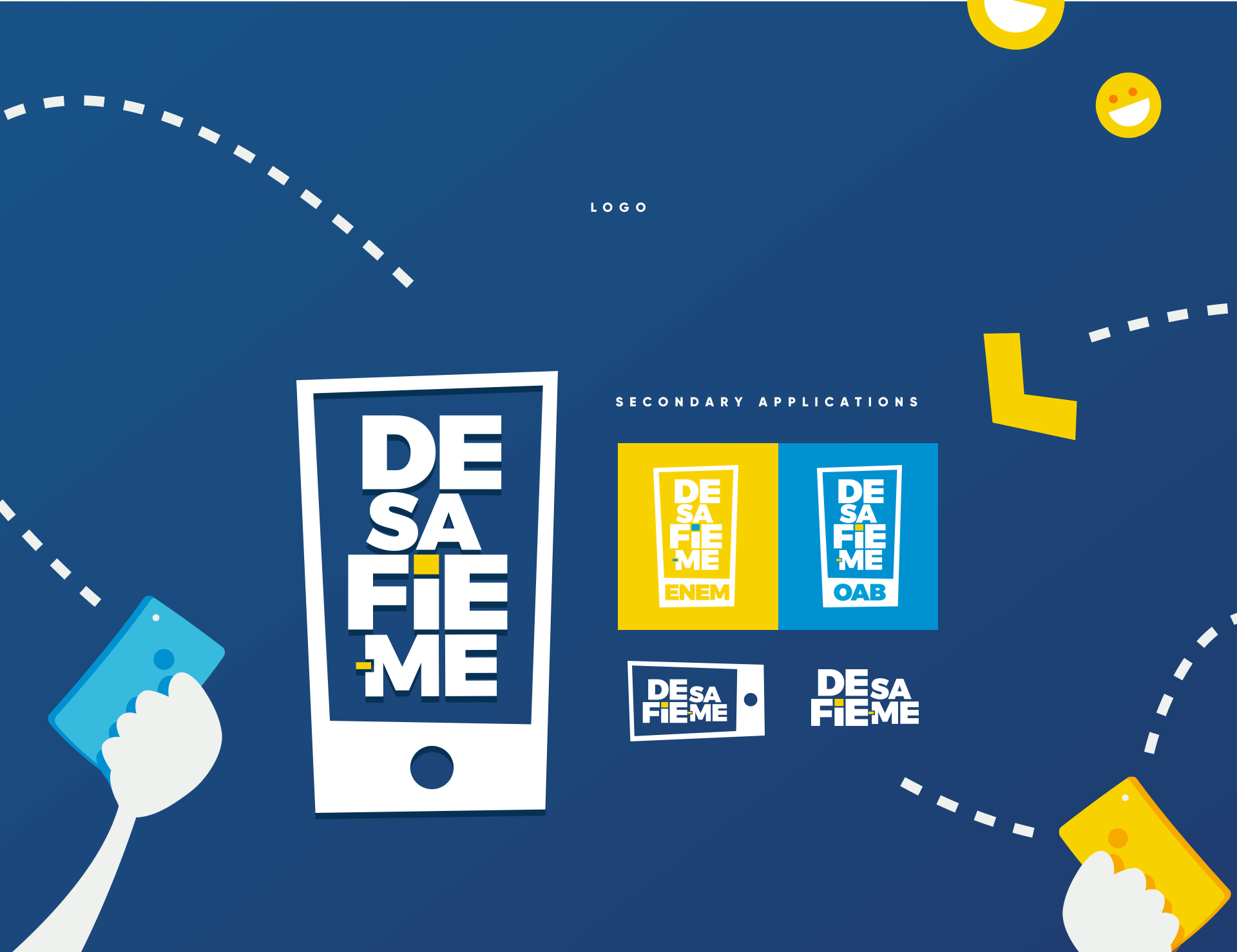 Logo — primary Desafie-me logo in white on blue, with four secondary application variants: ENEM version (yellow background), OAB version (blue background), and two horizontal lockup versions.