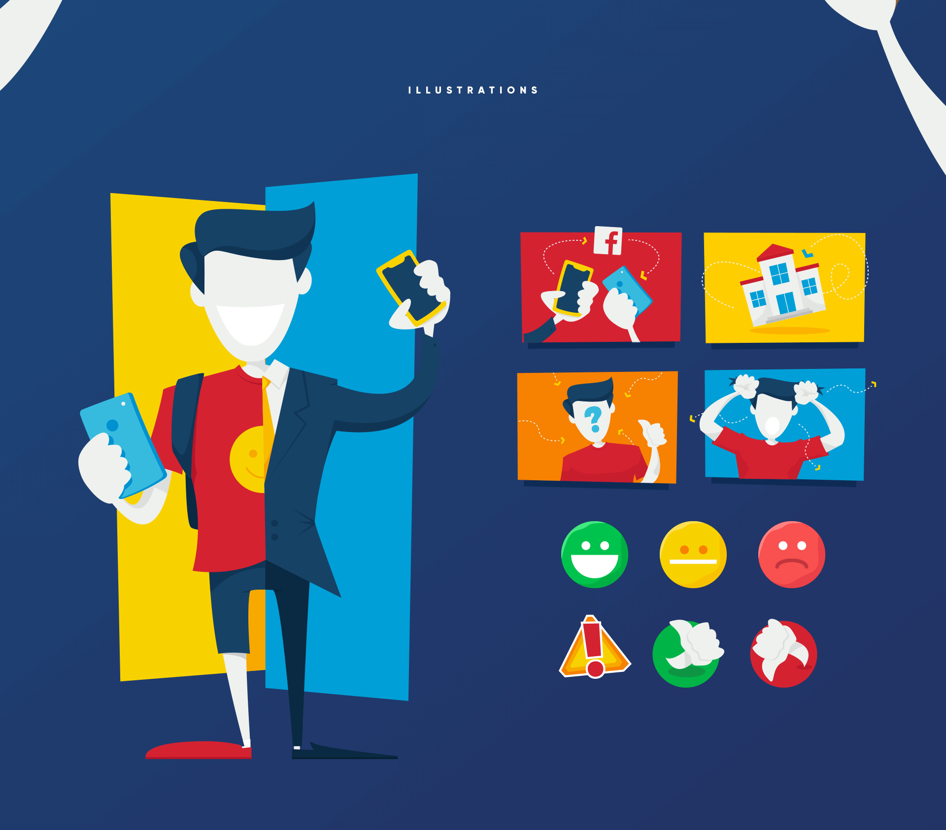 Illustrations — flat illustration of the Desafie-me student mascot holding two phones, alongside six scene illustration thumbnails and a set of six emotion and status icons including happy, neutral, sad, warning, peace, and blocked user.