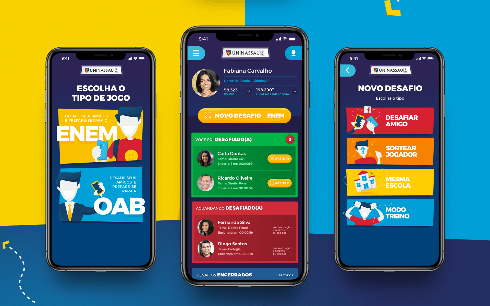 Three app screens: left — Game Type Selection (Choose the game type) with ENEM and OAB challenge options; center — Challenge dashboard with user profile (Fabiana Carvalho), New Challenge button, active challengers list (Carlo Dantas, Ricardo Oliveira, Fernando Silva), and pending challengers list; right — New Challenge screen (Choose a type) with options to Challenge a Friend, Random Player, Same School, and Practice Mode.