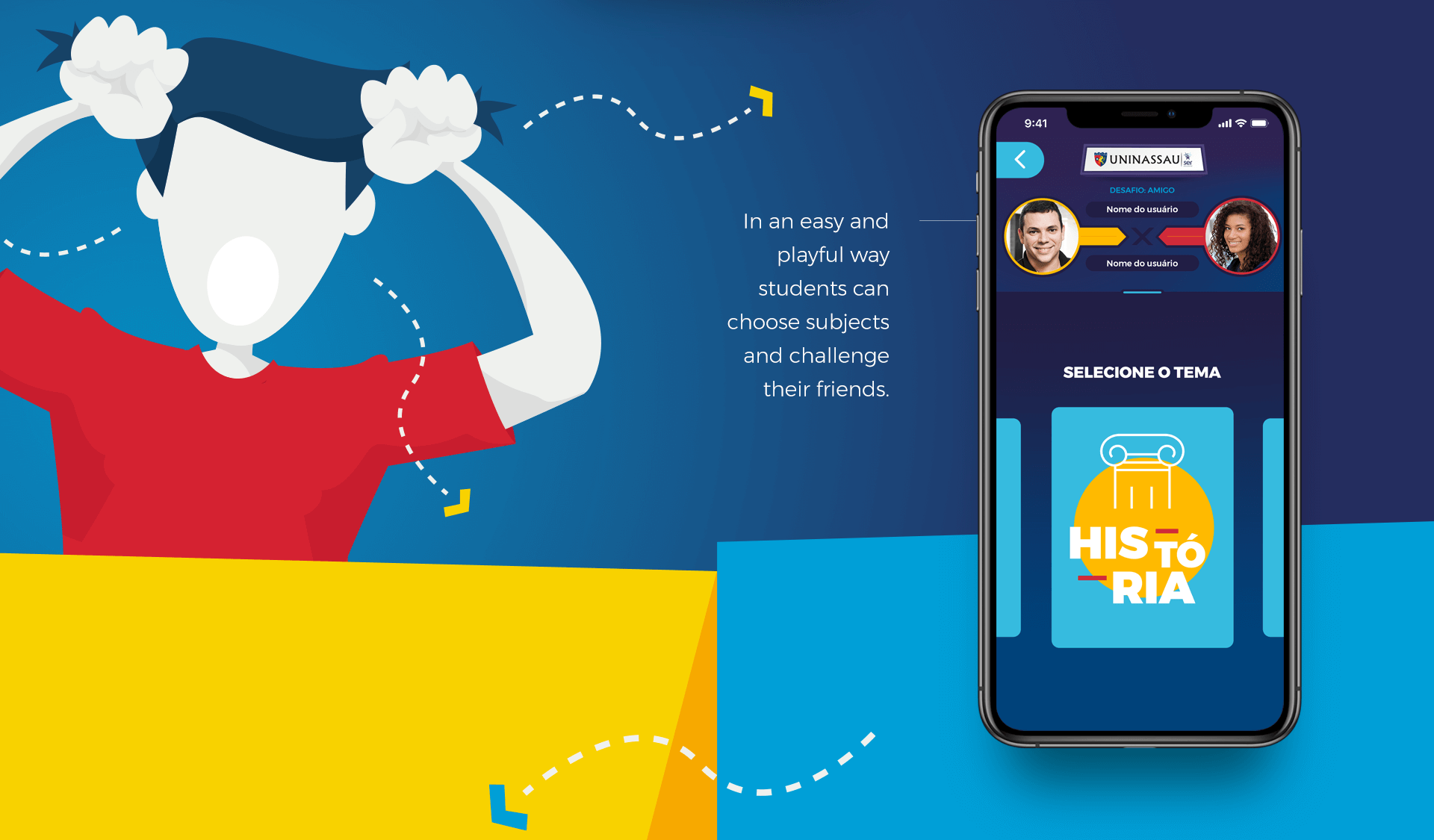 Subject selection — phone screen showing the Select a Theme interface with a História (History) subject card highlighted. Text reads: 'In an easy and playful way students can choose subjects and challenge their friends.'