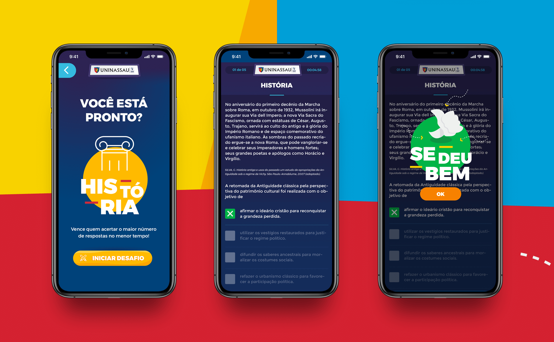 Three History quiz game screens: left — Are You Ready? countdown screen with a History subject card and Start Challenge button; center — multiple choice question screen; right — You Did Great! results screen with correct and incorrect answer feedback.