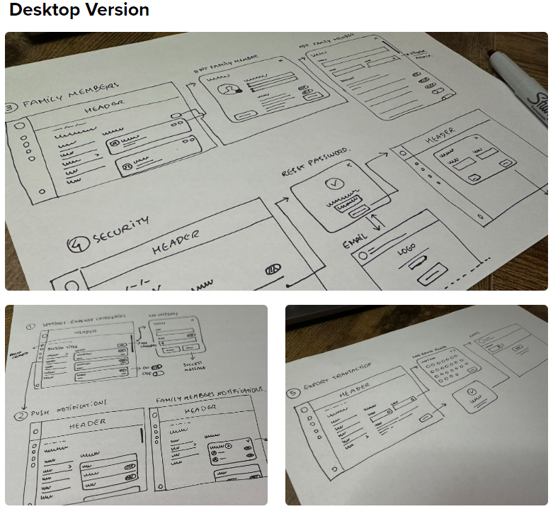 Low-Fidelity Wireframes, Desktop Version: photographs of hand-drawn paper sketches showing early layout concepts for the Settings screens on desktop, including navigation structure and content hierarchy explorations.