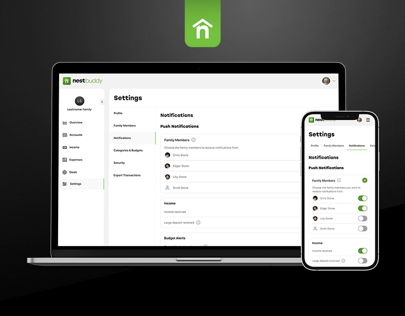 NestBuddy financial app settings — UX/UI design for a household expense management app covering the full settings experience across desktop, tablet, and mobile