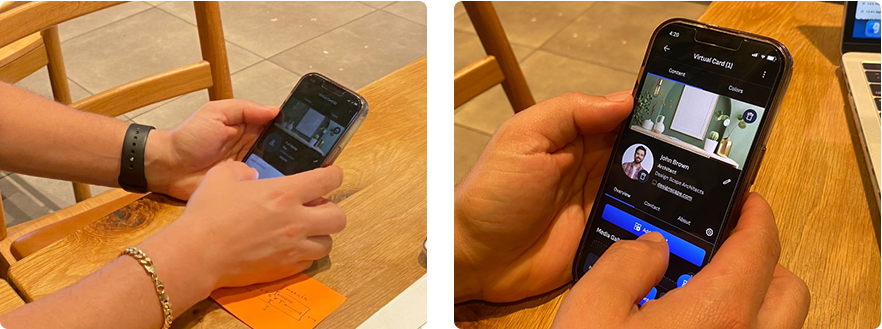 Real-world usage — two candid photos of someone using the SendContact app: left shows a person tapping the NFC smart business card to a phone, right shows viewing the completed virtual card profile on the phone screen.