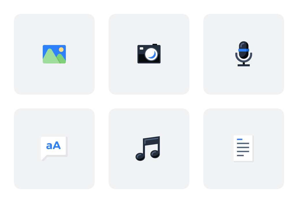 Add content type icon picker — six rounded-square icons representing the available virtual card content types: Photos (landscape image icon), Camera, Audio (microphone), Text (aA speech bubble), Music (musical notes), and Document.