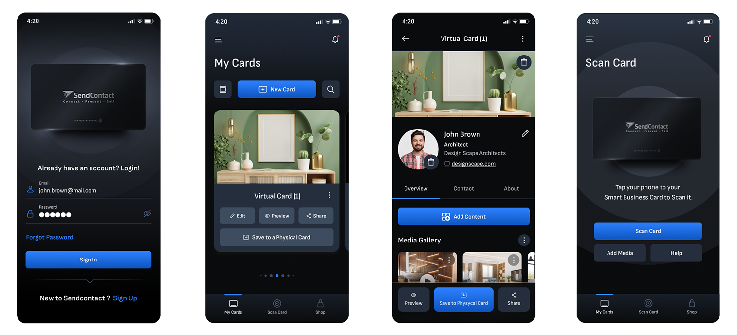 High-fidelity key screens — four dark-themed iPhone mockups showing the Login screen, My Cards dashboard with a New Card button, Virtual Card detail for John Brown Photographer with profile photo and contact options, and the Scan Card NFC screen prompting the user to tap their phone.