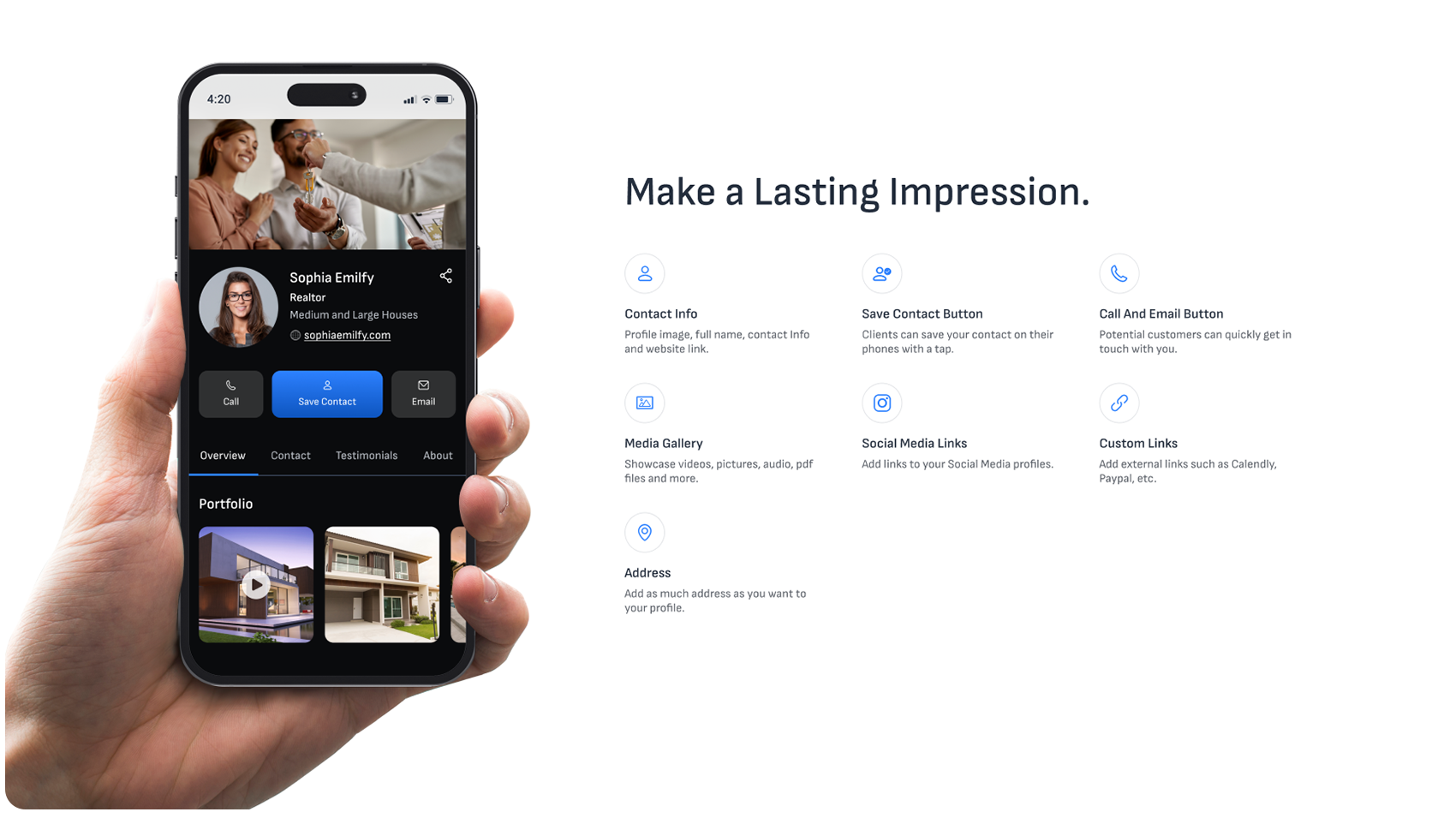 Make a Lasting Impression — iPhone mockup showing a virtual card for Sophia Emily, Realtor, alongside a feature highlights grid listing Contact Info, Save Contact Button, Call And Email Button, Media Gallery, Social Media Links, Custom Links, and Address.