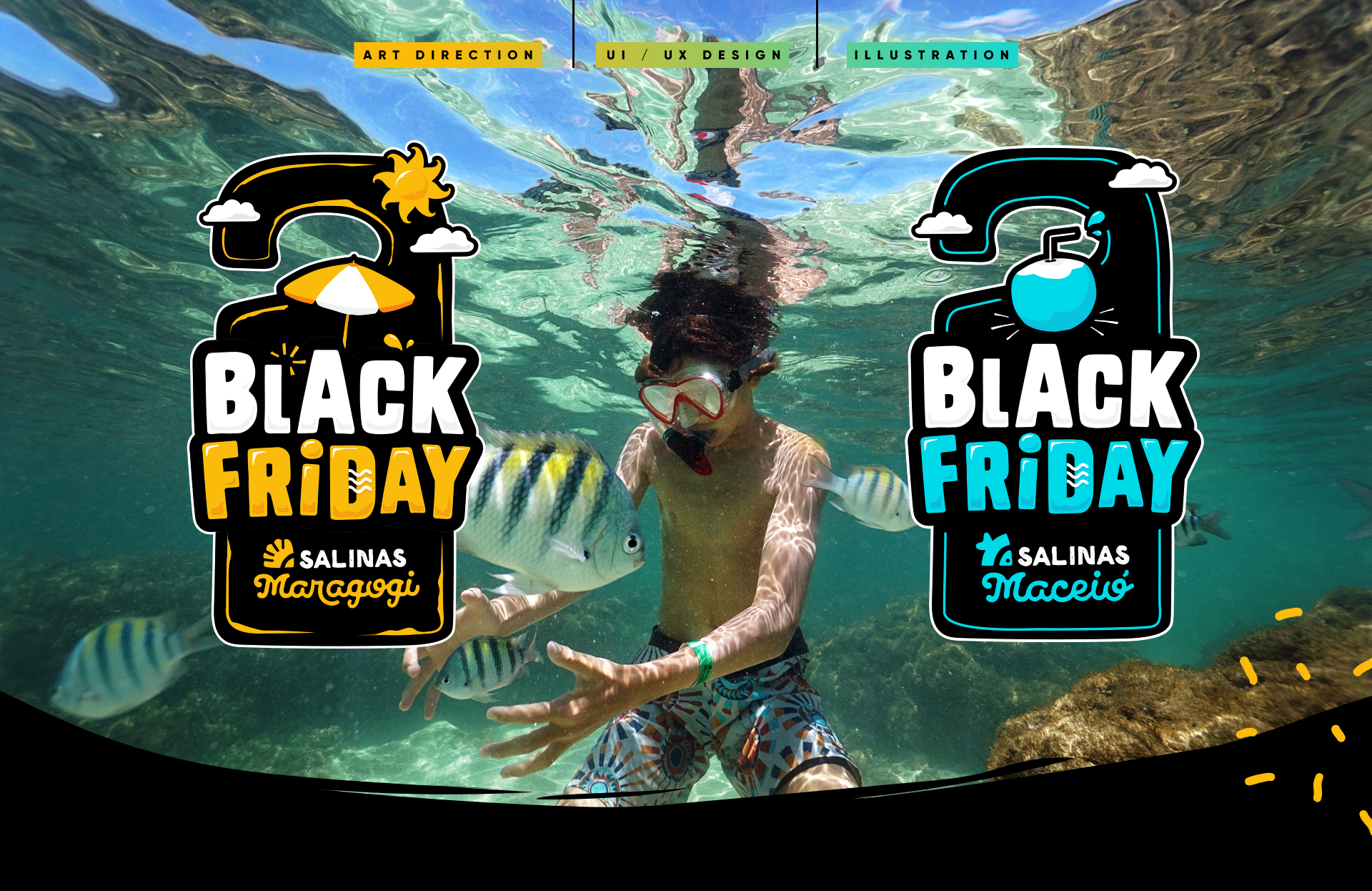 Salinas Black Friday — Art Direction, UI/UX Design, Illustration. Two Black Friday logos: Salinas Maragogi (yellow and black with sun and phone illustration) and Salinas Maceió (teal and black). Overview, goal, challenge, solution, and results text on a dark background with underwater beach photography.