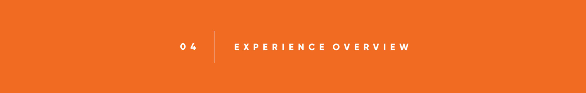 04 Experience Overview — orange section divider slide with white uppercase text.