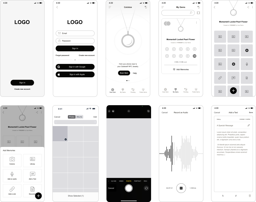 Digital low-fidelity wireframes — ten grayscale iPhone screens: Splash (logo only), Login (email/password with Sign in with Google and Apple options), Scan Gem (hold phone near NFC jewelry prompt with Scan Gem and Help buttons), My Gems list (gem thumbnail and name, Add Memories link), Gem detail with photo/audio/video grid, Gem detail showing Add Memories bottom sheet, Photo library picker (Photos/Albums tabs), Camera capture screen, Record an Audio screen with waveform, and Add a Text editor with sample content.