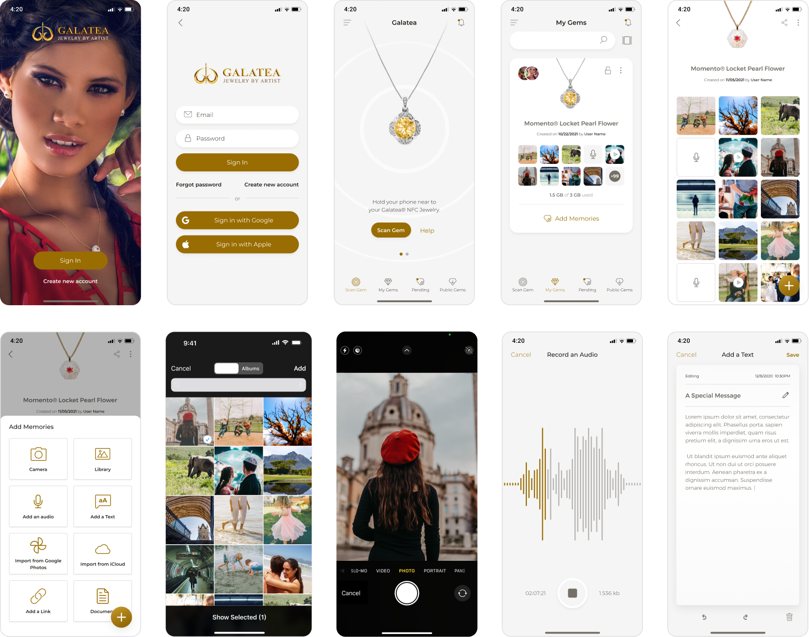 High-fidelity app screens — ten full-color iPhone mockups: Login with Galatea logo and model photography backdrop; Login form with email/password and Sign in with Google and Apple; Scan Gem with jewelry illustration on white background and a gold Scan Gem button; My Gems showing Momento® Pearl pendant with memory thumbnails; Gem detail with photo/video/audio memory grid and Add Memories button; Add Memories bottom sheet (Camera, Library, Add an audio, Add a Text, Add a Link, Document); Photo library picker; Camera capture; Record an Audio with waveform visualization; Add a Text rich editor with a 'Special Message' sample.